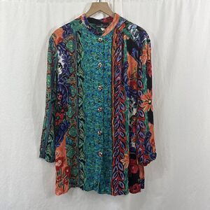 Carol Little Vintage Artsy Colorful Bright Button Up Tunic Shirt Size 12 USA 90s